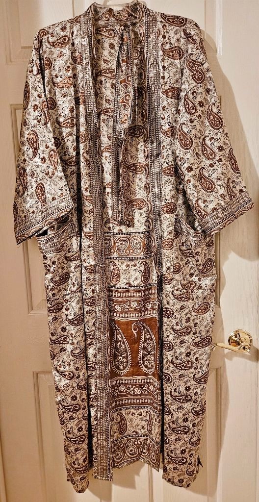 Art Silk Kimono Robe~ Women’s One Size~ Kimono w/Tie ~Paisley Floral~Brown,Beige