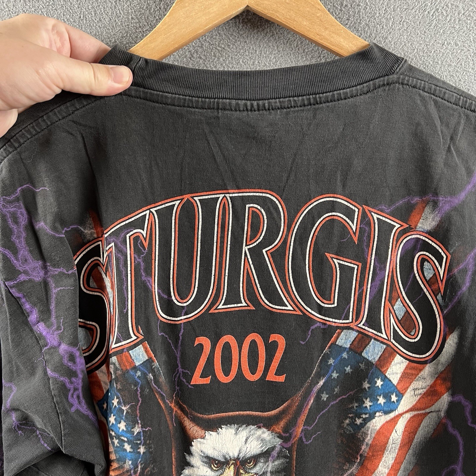 Vintage Sturgis Shirt Mens Large Black Purple Lightning Wolf Biker Rally AOP