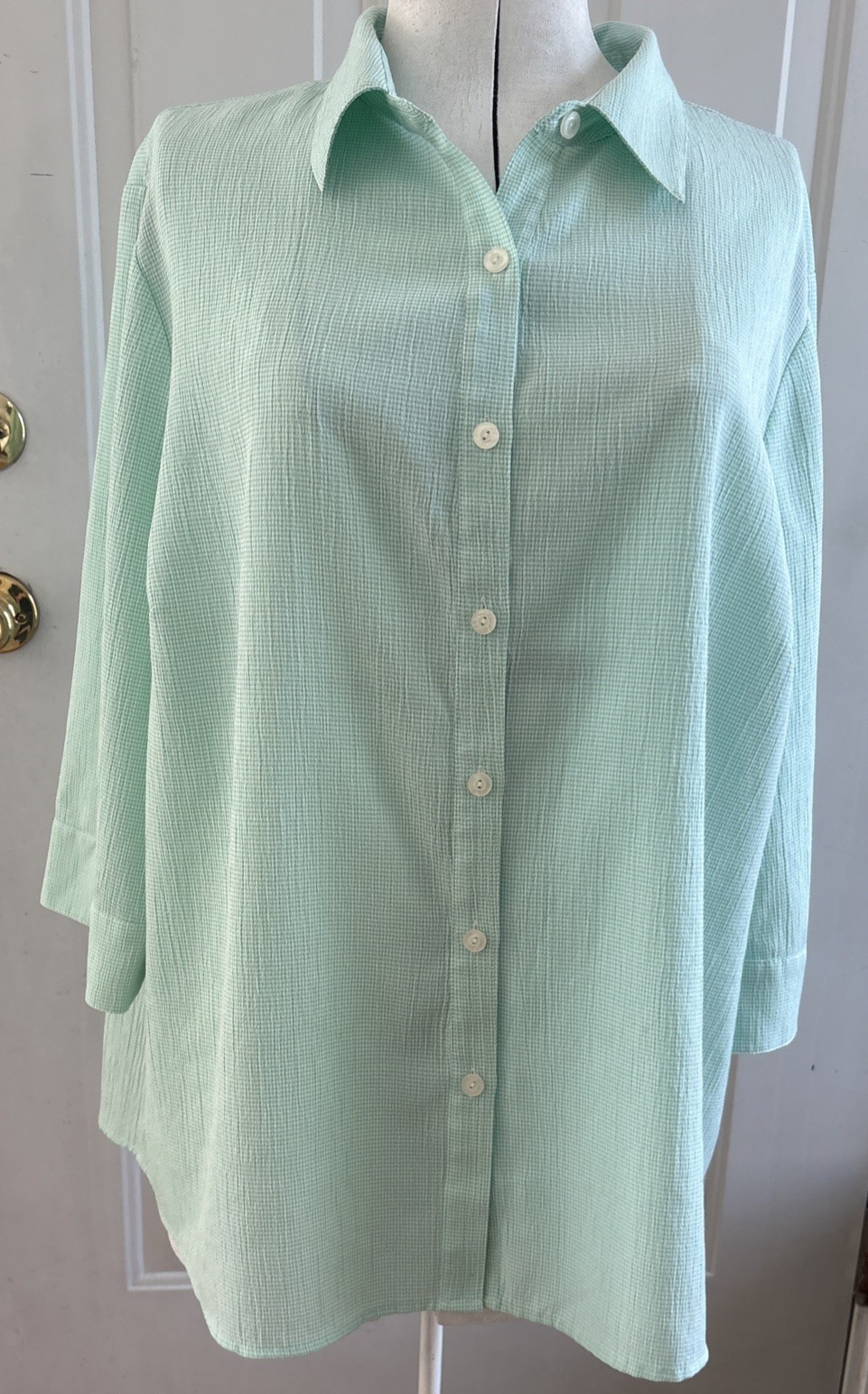 CJ Banks Blouse 3X Mint Green&White Check 3/4 Sleeves Button Down Casual READ!!!