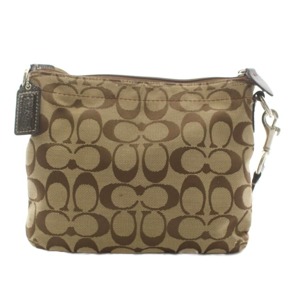 Coach Signature Canvas Leather Shoulder Bag Beige Brown Women 18cm 17.5cm
