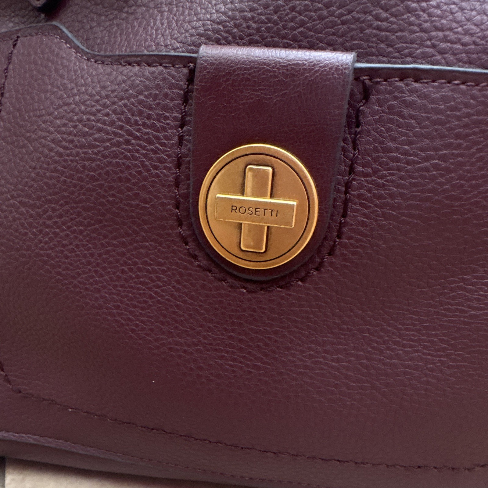 Rosetti Burgundy Pebbled Satchel Top Handle Bag Gold Hardware Turn Lock Zip