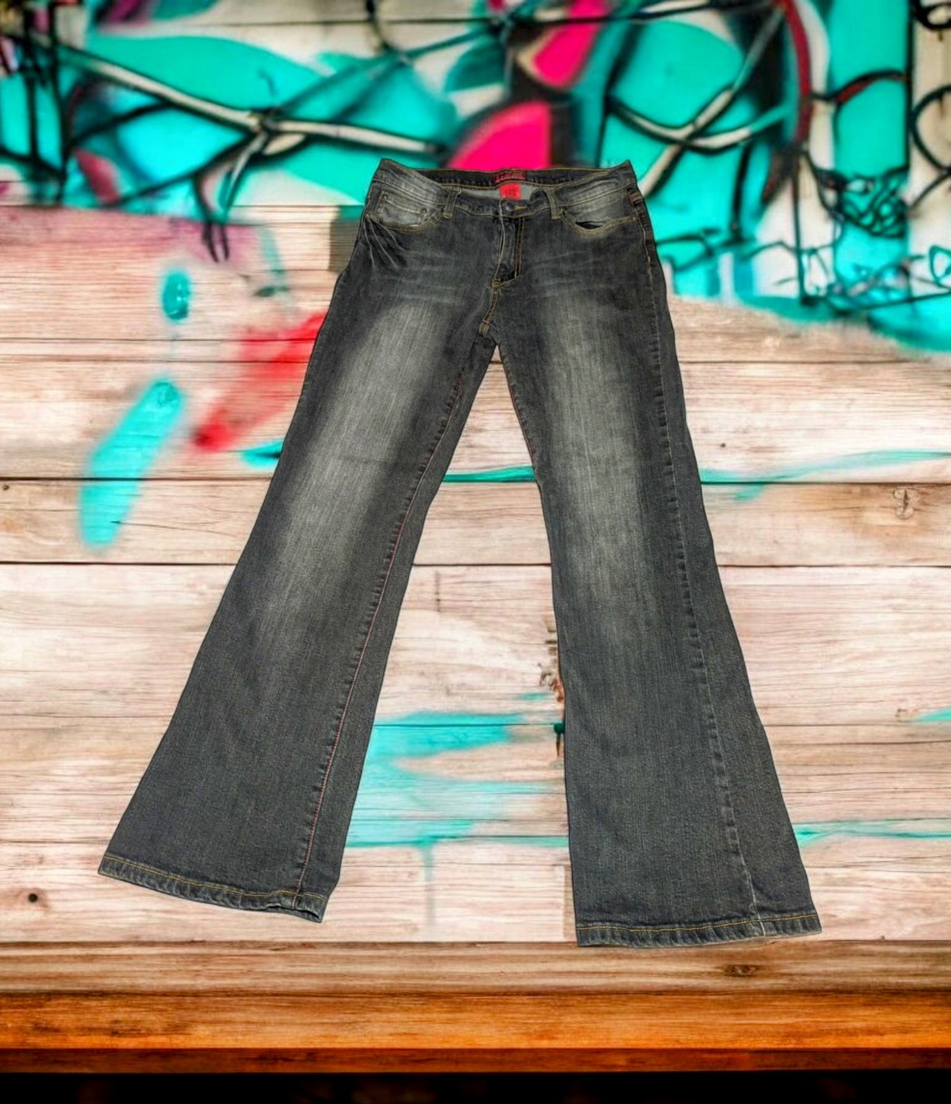 POCA JEANS Embroidered Boot Cut Gray Jeans RED STITCHING Logo Juniors Sz 11