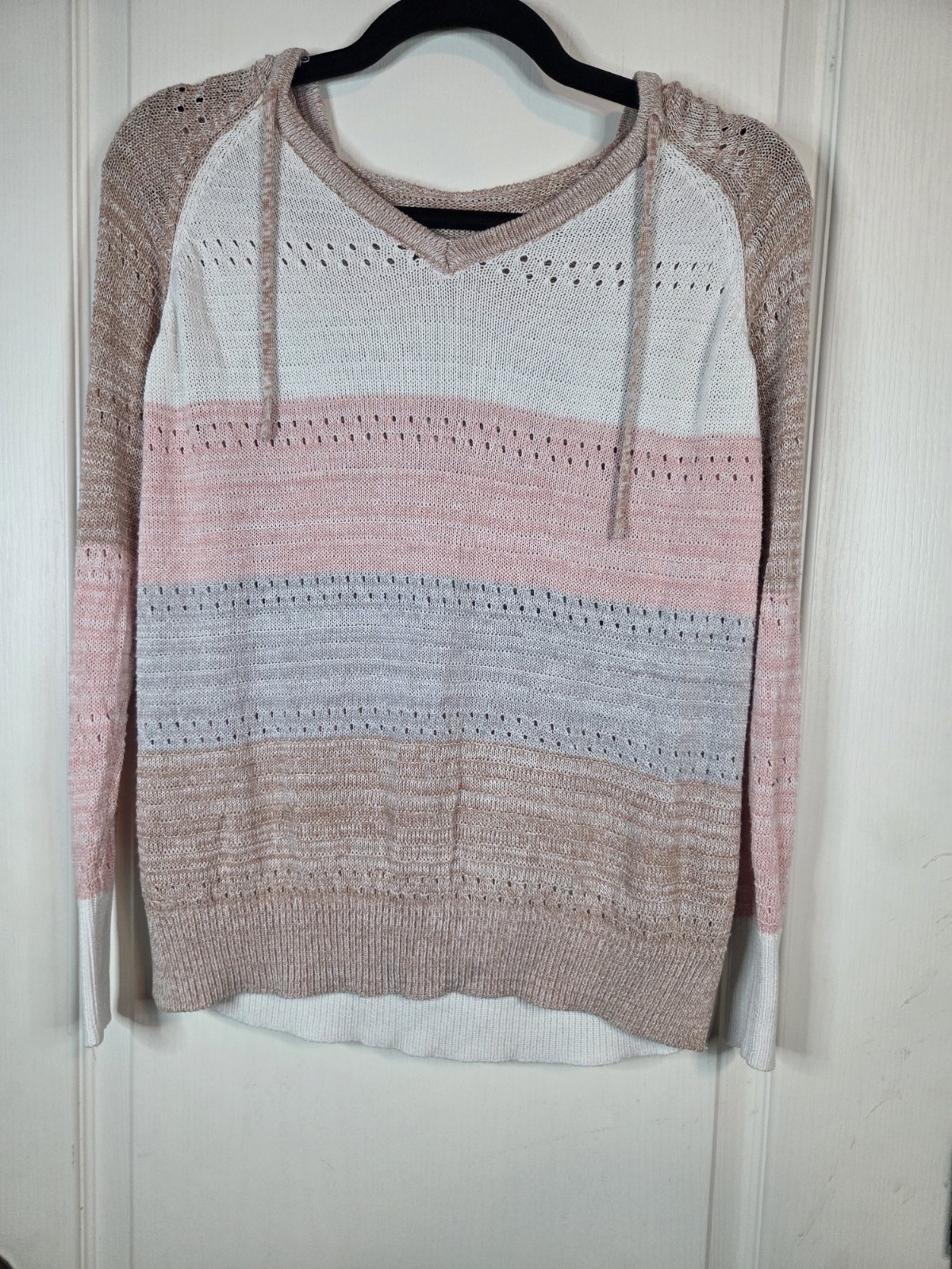 White Pink Gray Tan Striped Lightweight Hoodie Sweater Size XS-S