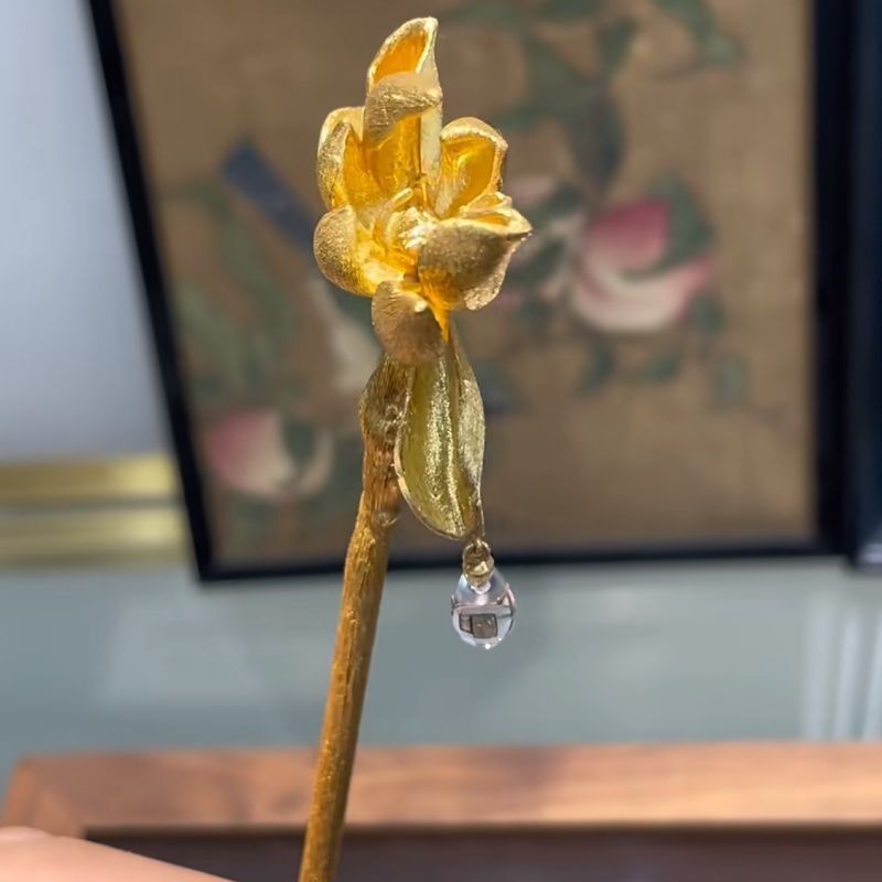 Lotus Hairpin Crystal Drop Chinese Style Gold Hair Stick Hanfu Qipao Accessory