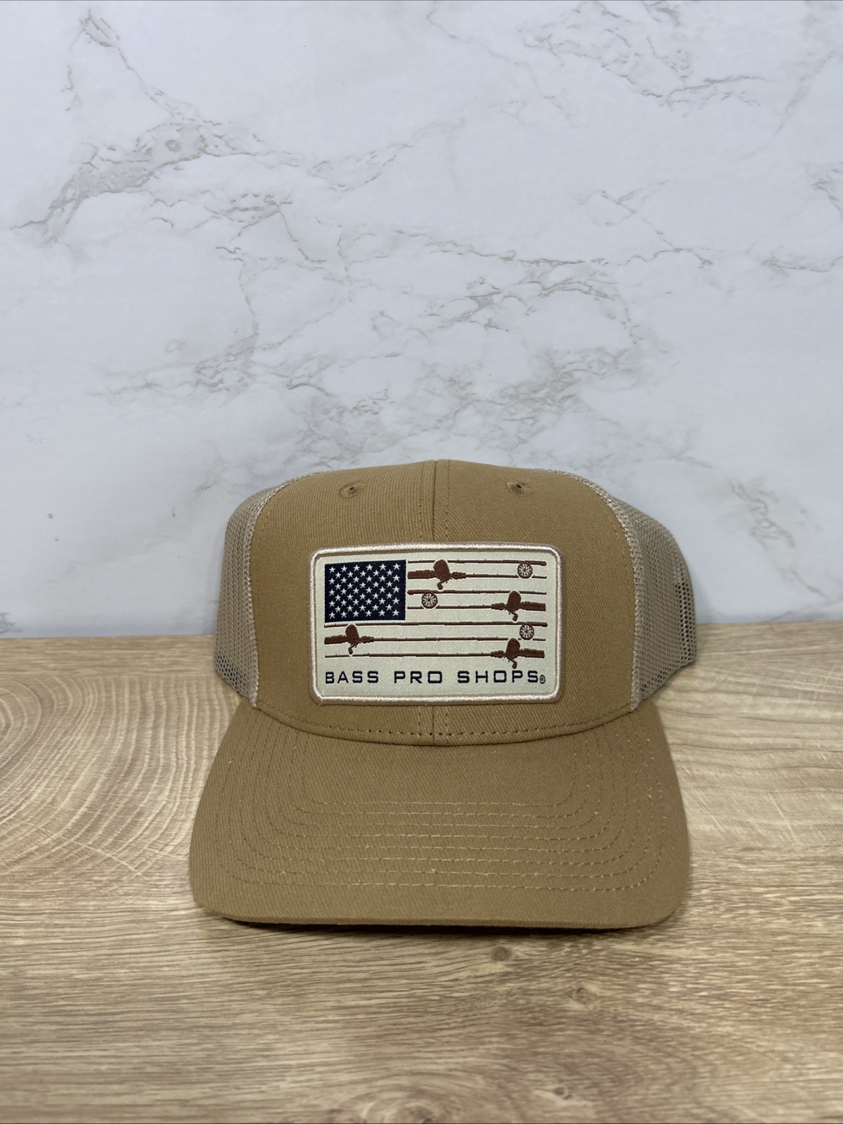 Bass Pro Shops Fishing Rod Flag Mesh-Back Snapback Cap Brown New Hat