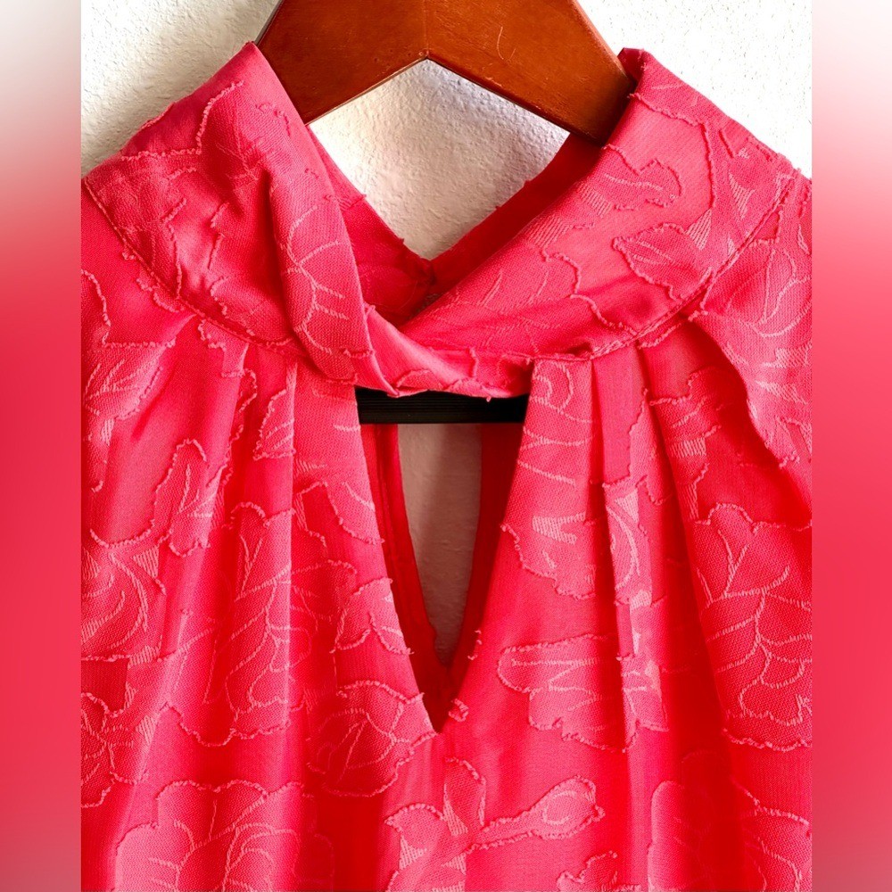 KENAR Bright Red Floral Sleeveless Keyhole Twisted Mock Neck Blouse Women’s XL