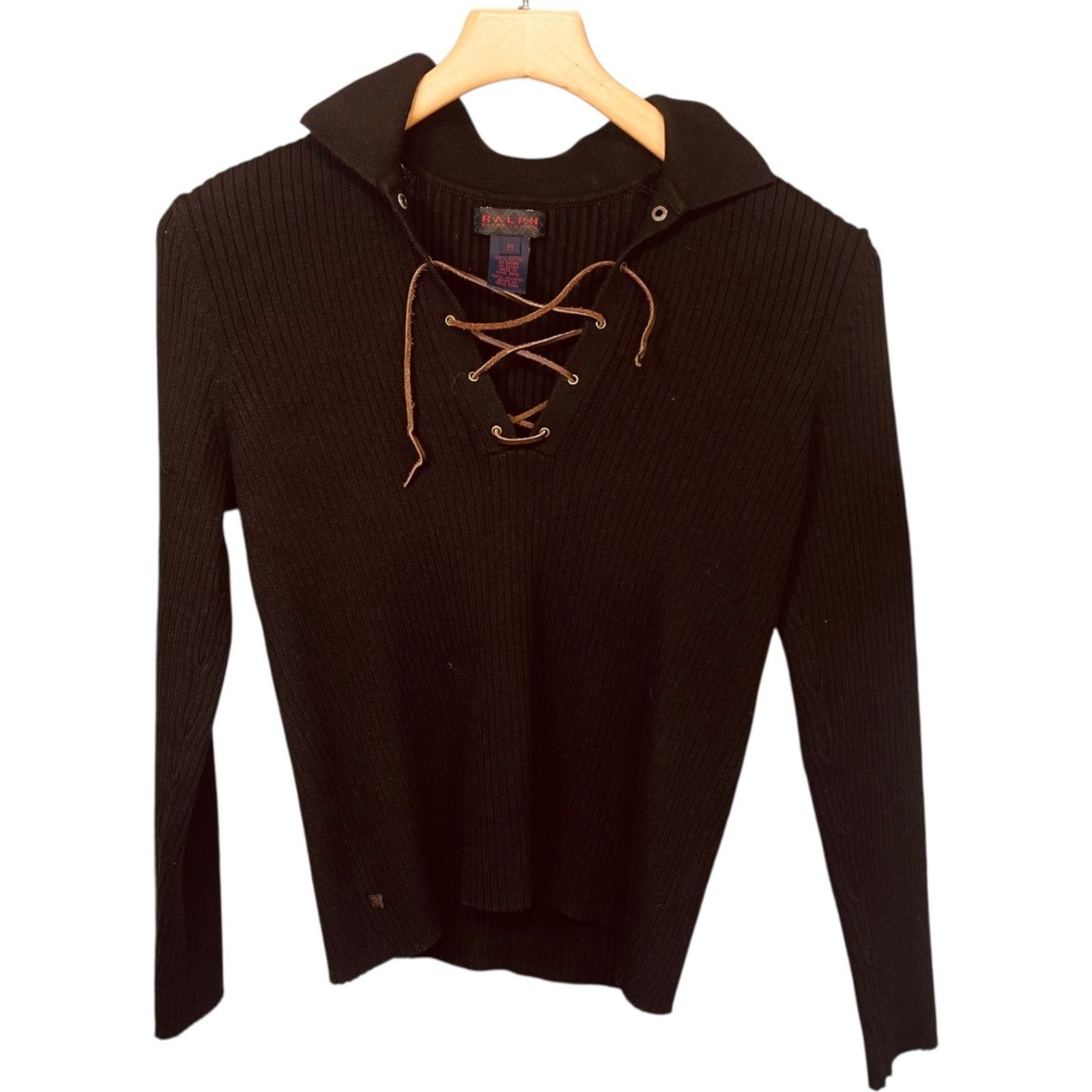 Ralph Lauren Black Ribbed Lace-Up V-Neck Cotton Sweater Size M EUC
