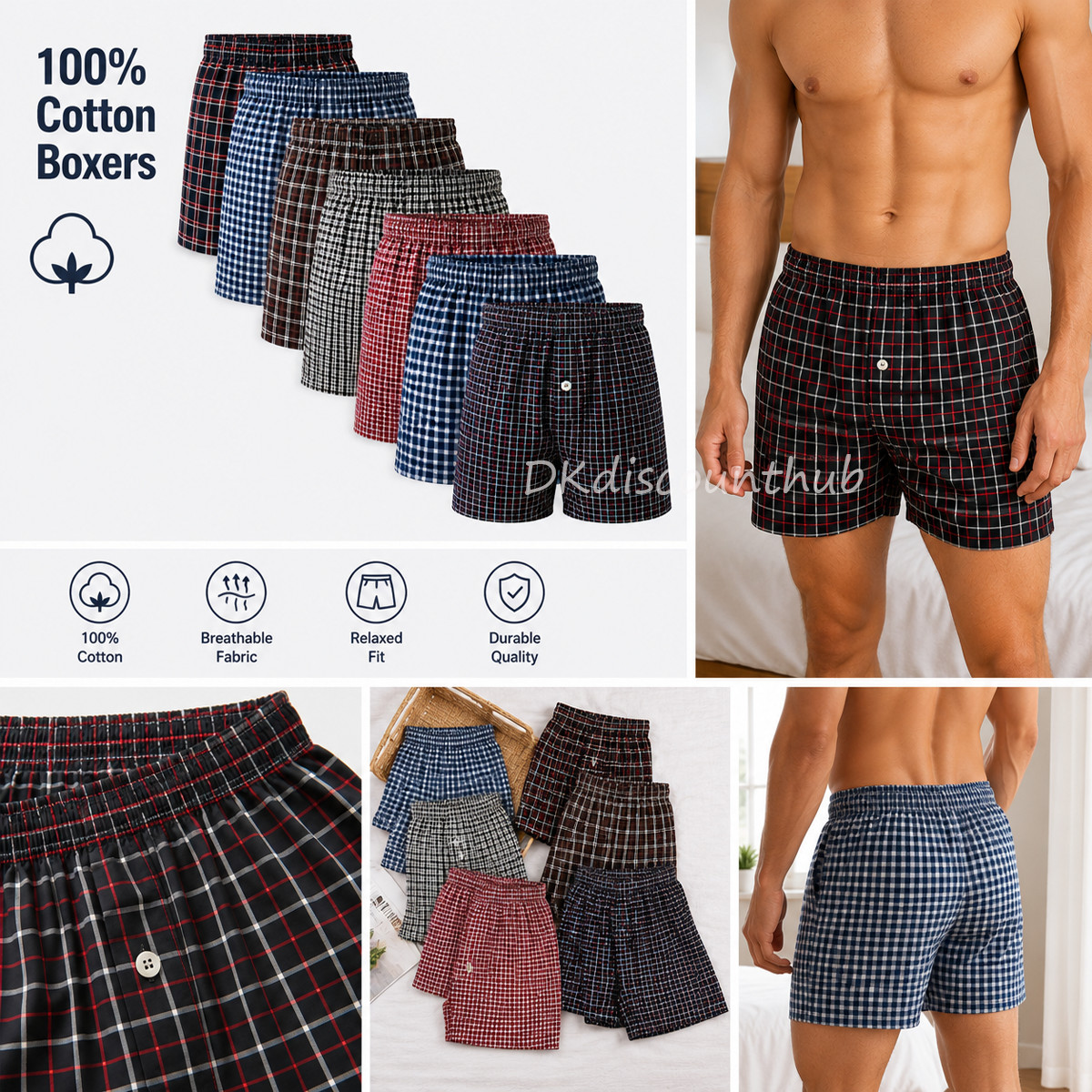 6 Pack Men’s Premium Boxers 100% Cotton Underwear Trunk Plaid Shorts Size S~3XL