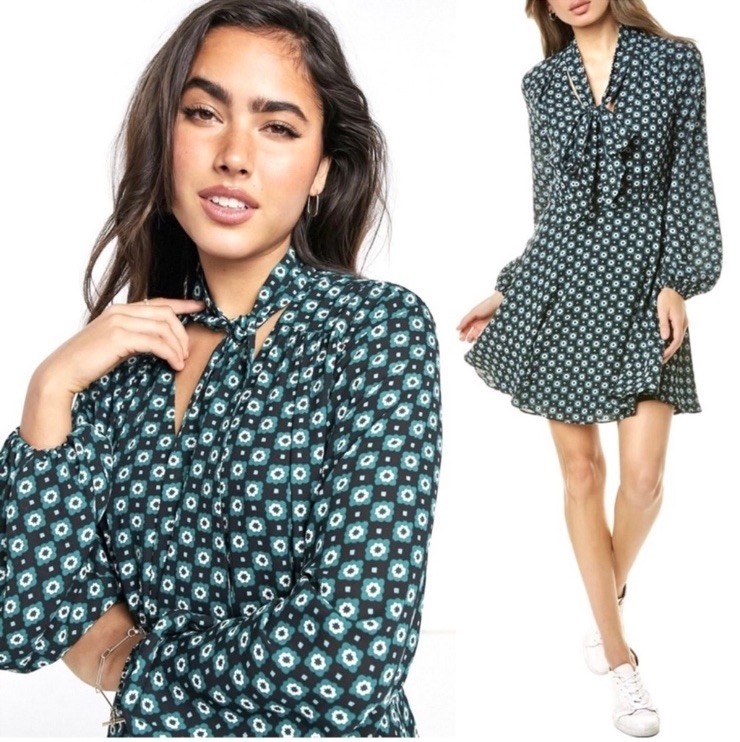Ted Baker London Green Geometric Floral Print Dolley Dress Size 1 (US Size 4)