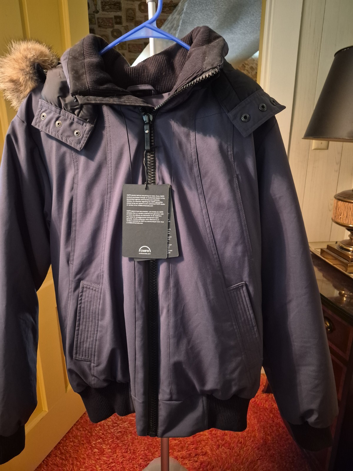CMFR Men’s Blue Full Zip Hooded Bomber Jacket M Stand-Up Fur Trim Down Short