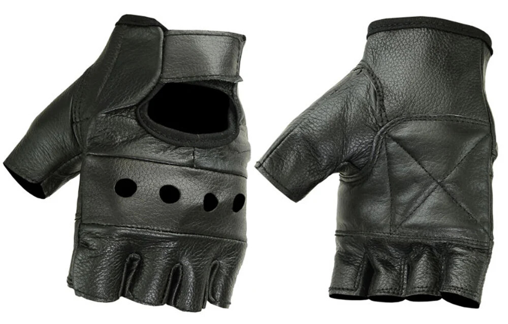 Men’s Fingerless Motorcycle Leather Glove with Perforated Panels and Wrist Strap