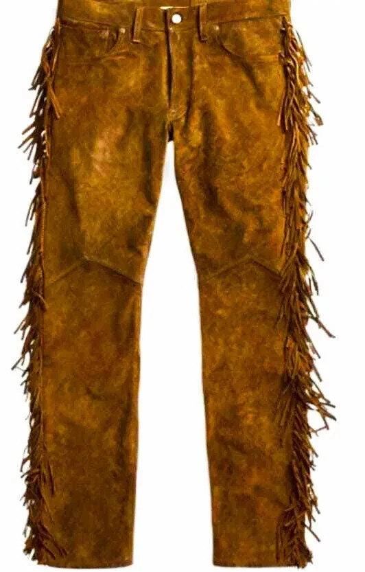 Men Native American Western Cowboy Leather Pants Suede Leg Side Fringe GoldBrown