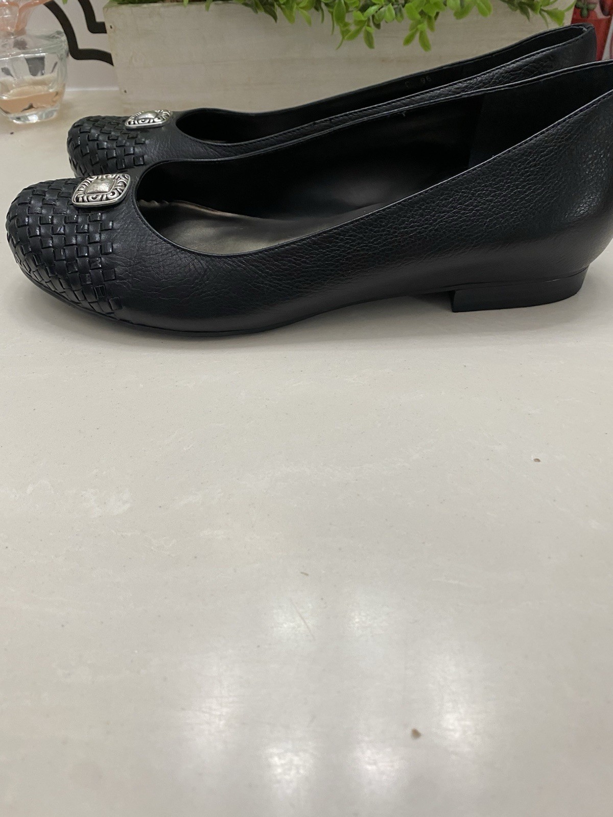 Brighton Black Leather Woven Medallion Slip-On Flats Women’s Size 9.5