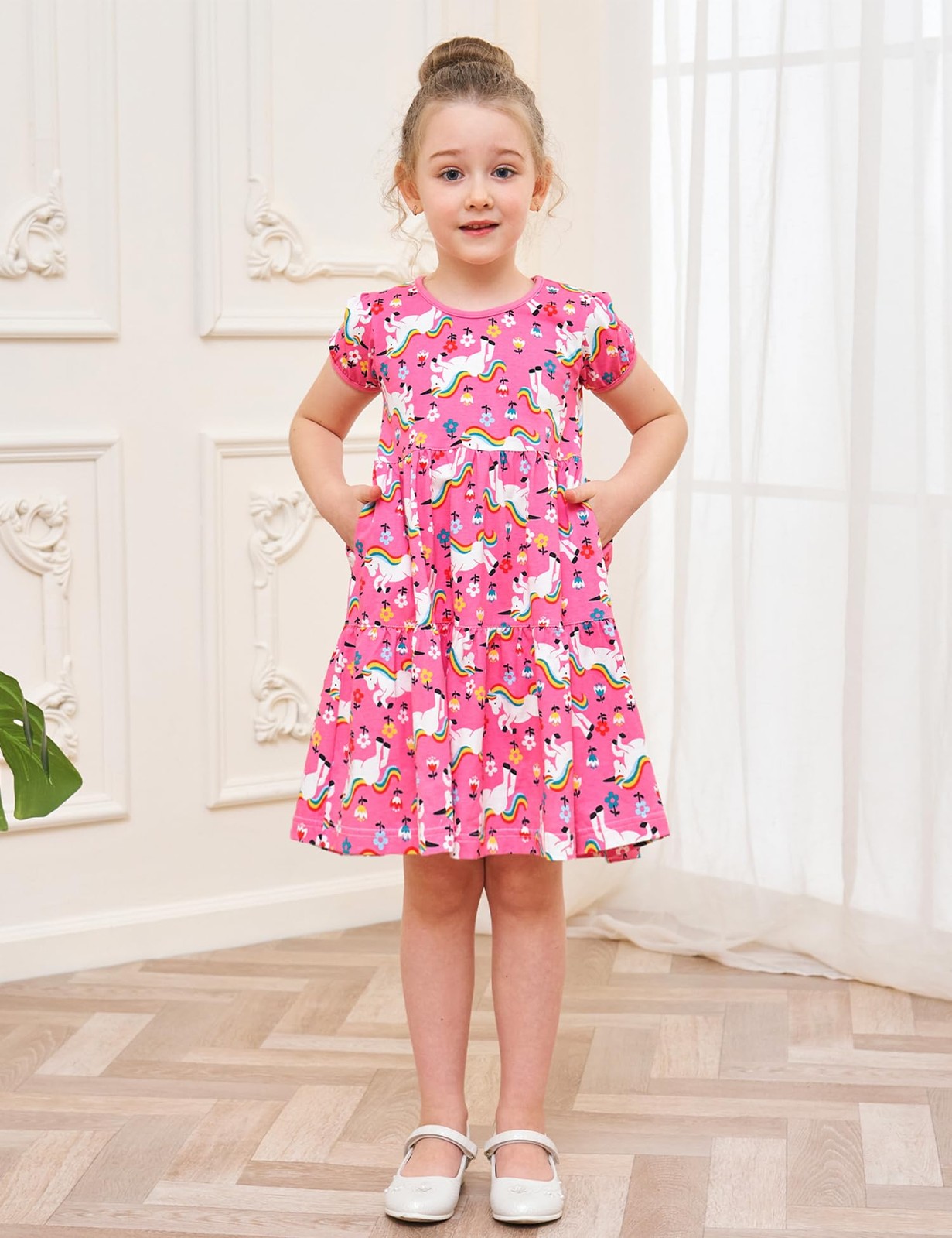 Little Girl Summer Dress Unicorn Easter Rainbow Short Sleeve Twirly Tiered
