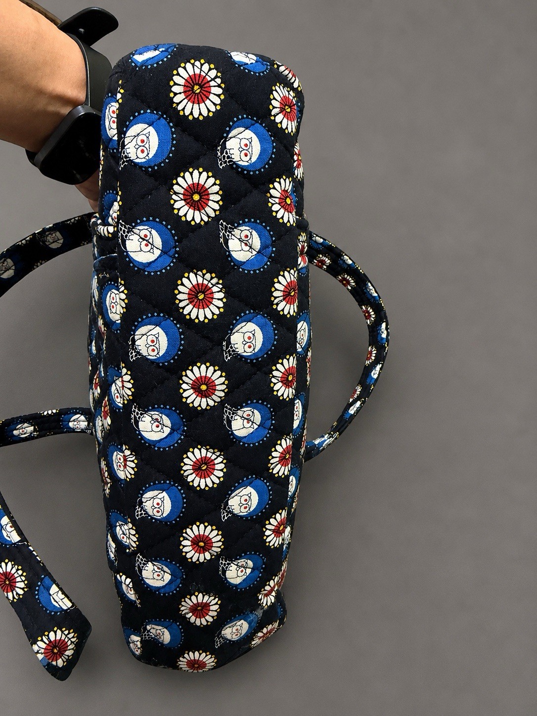 Quilted Floral Owl Print Zip Tote Bag Medium Lined Inner Pockets Black Blue