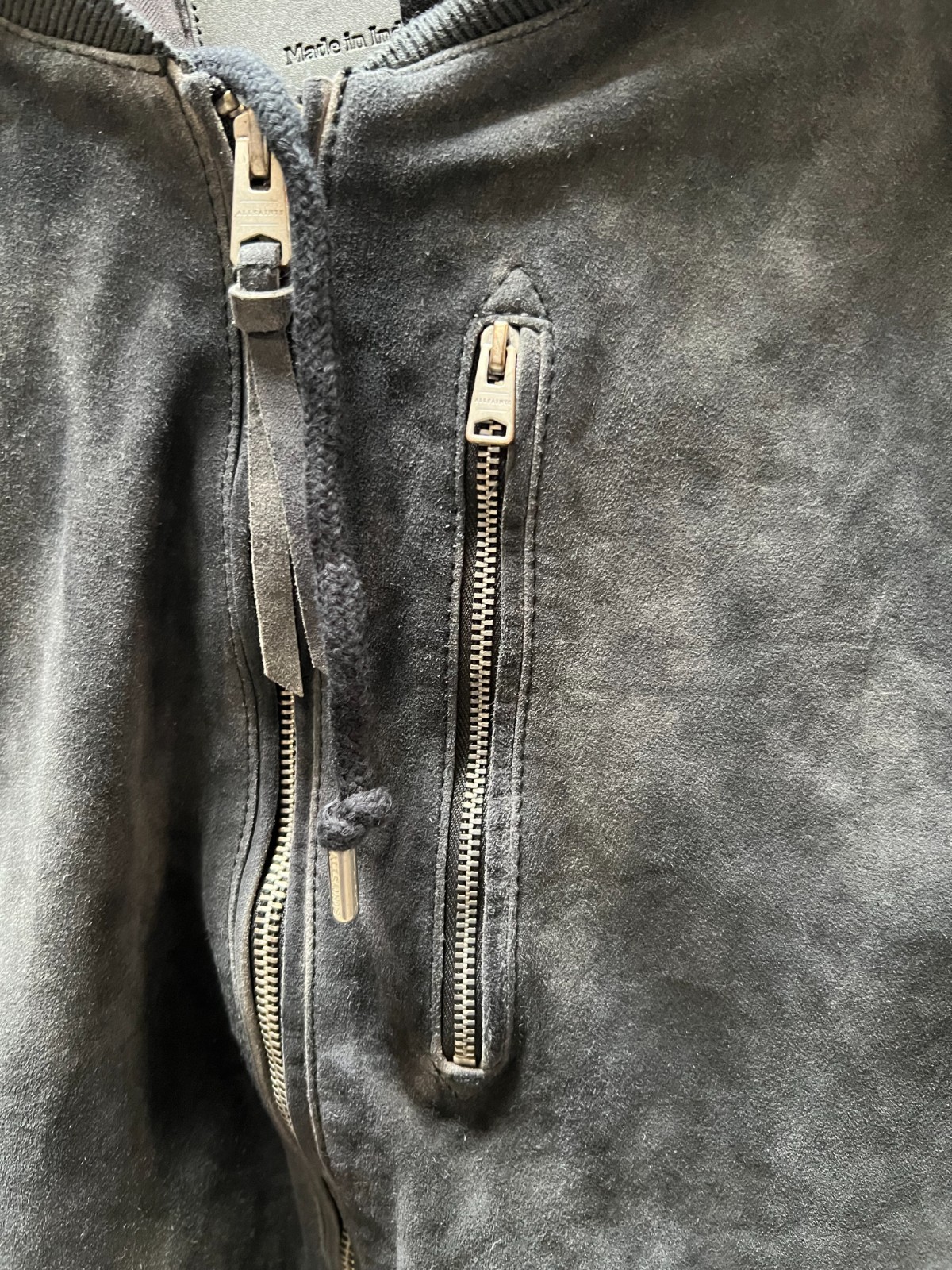 ALLSAINTS Suede Troy Bomber With Detachable Hood, Size Large, NWT $569.00