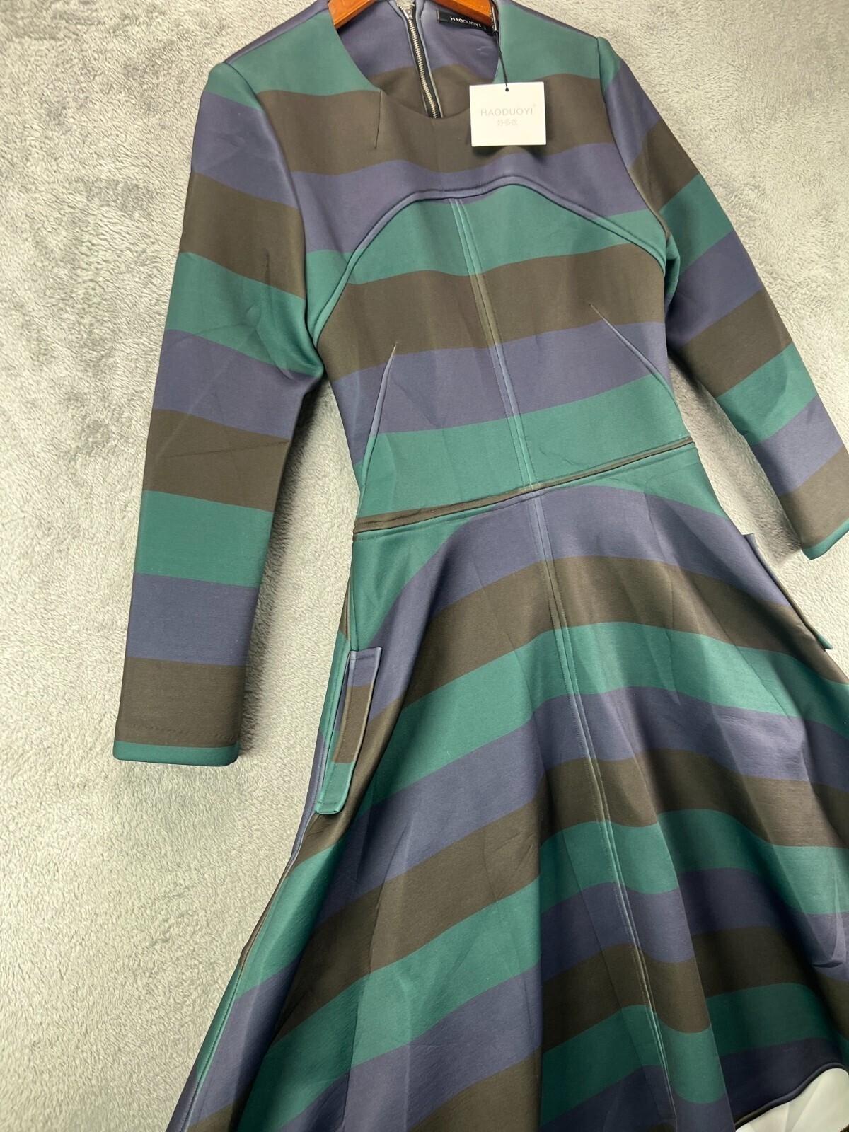 HAODUOYI Juniors 2XL Dress Green Stripe A Line Flare Open Back Long Sleeve NWT