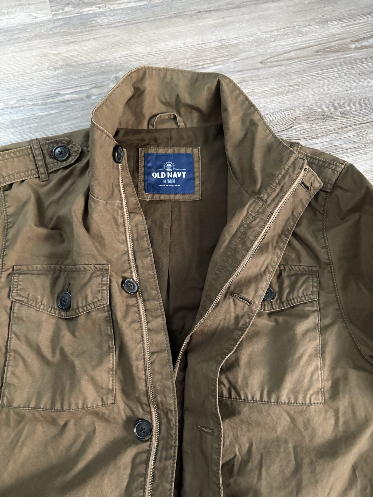 Old Navy Mens M Green Military Field Utility Jacket Pockets Epaulet Zip New