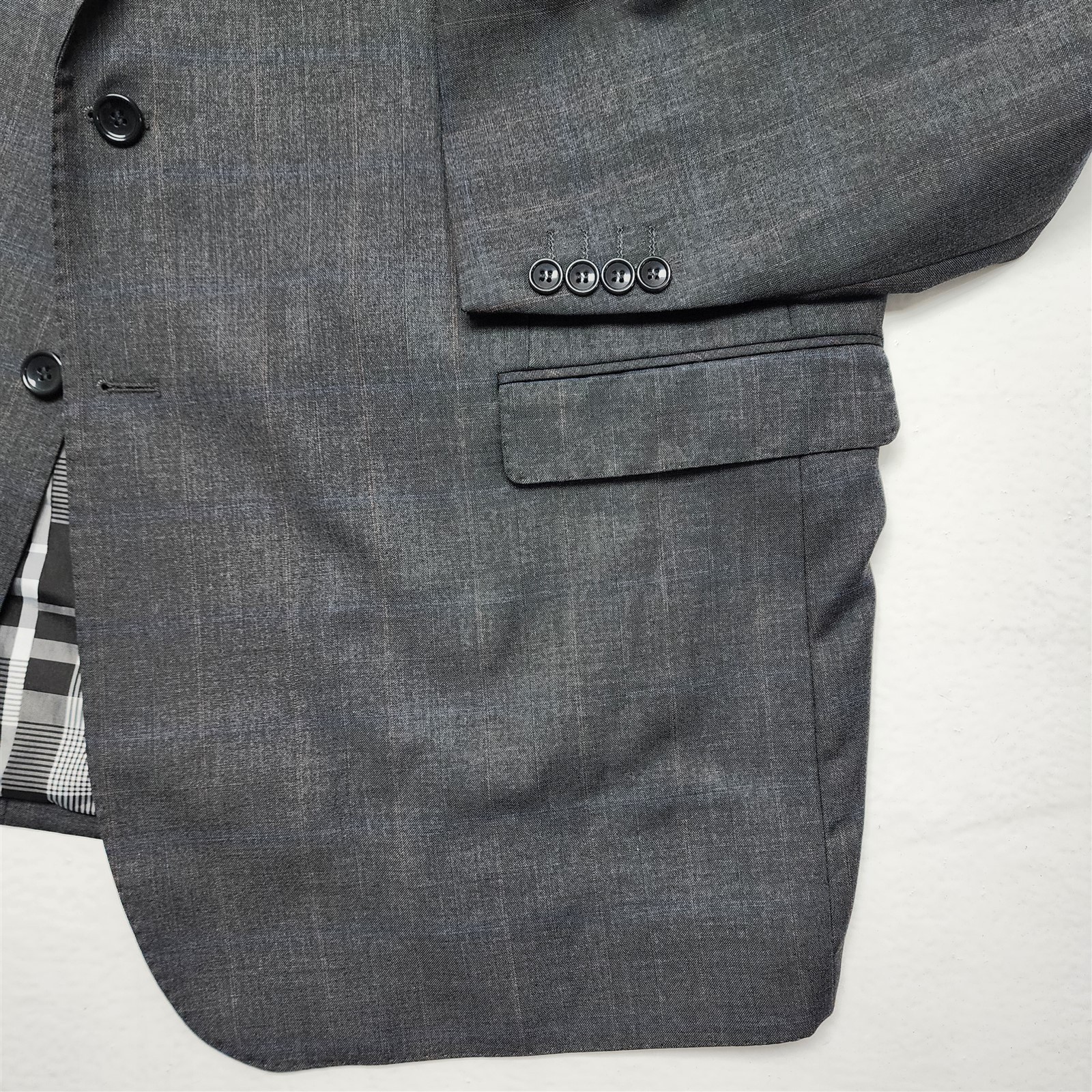 Statement Italy 52L 44×32 Gray Red Blue Windowpane 100% Wool 2Btn 2Pc Mens Suit