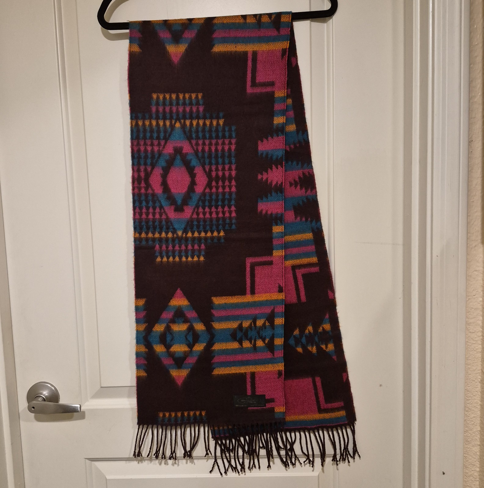 100% Cashmere Woven Aztec Geometric Fringe Rectangle Scarf Brown Pink Blue
