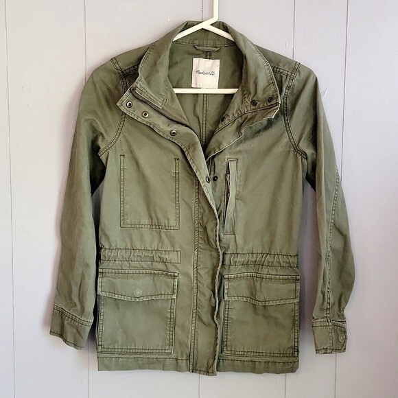 Madewell Womens Jacket XXS Green Denim Cotton Full Zip Button Snap Cargo.