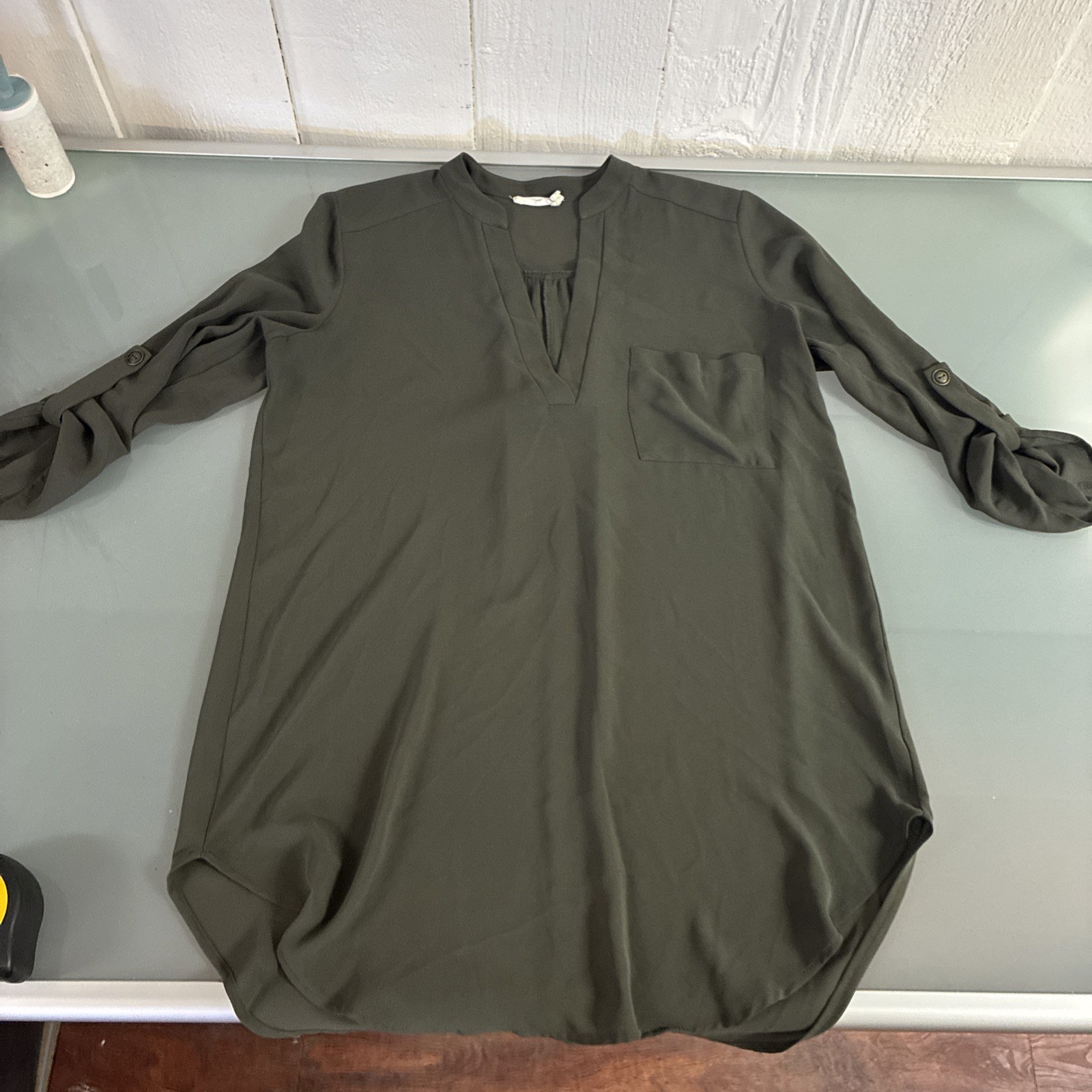 LUSH Roll Tab Sleeve Tunic Top Olive Green Size XSMALL women