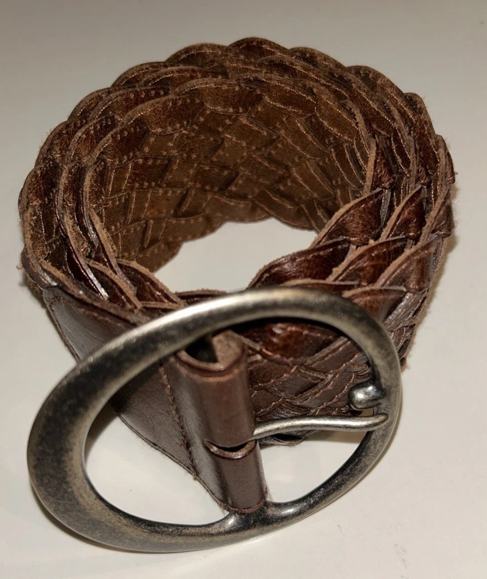 Banana Republic Braided Leather Belt Brown Woven 2 3/4” Wide 3 3/4” Brass Buckle