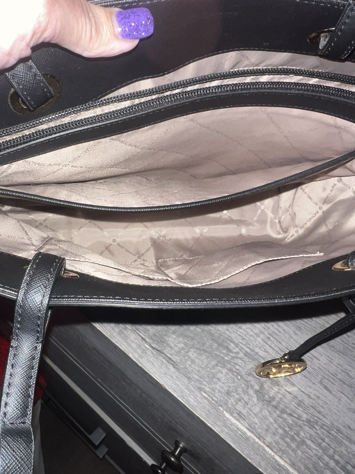 Michael Kors Monogram Zip Tote Bag Brown/Black Double Handles Gold Charm Pockets