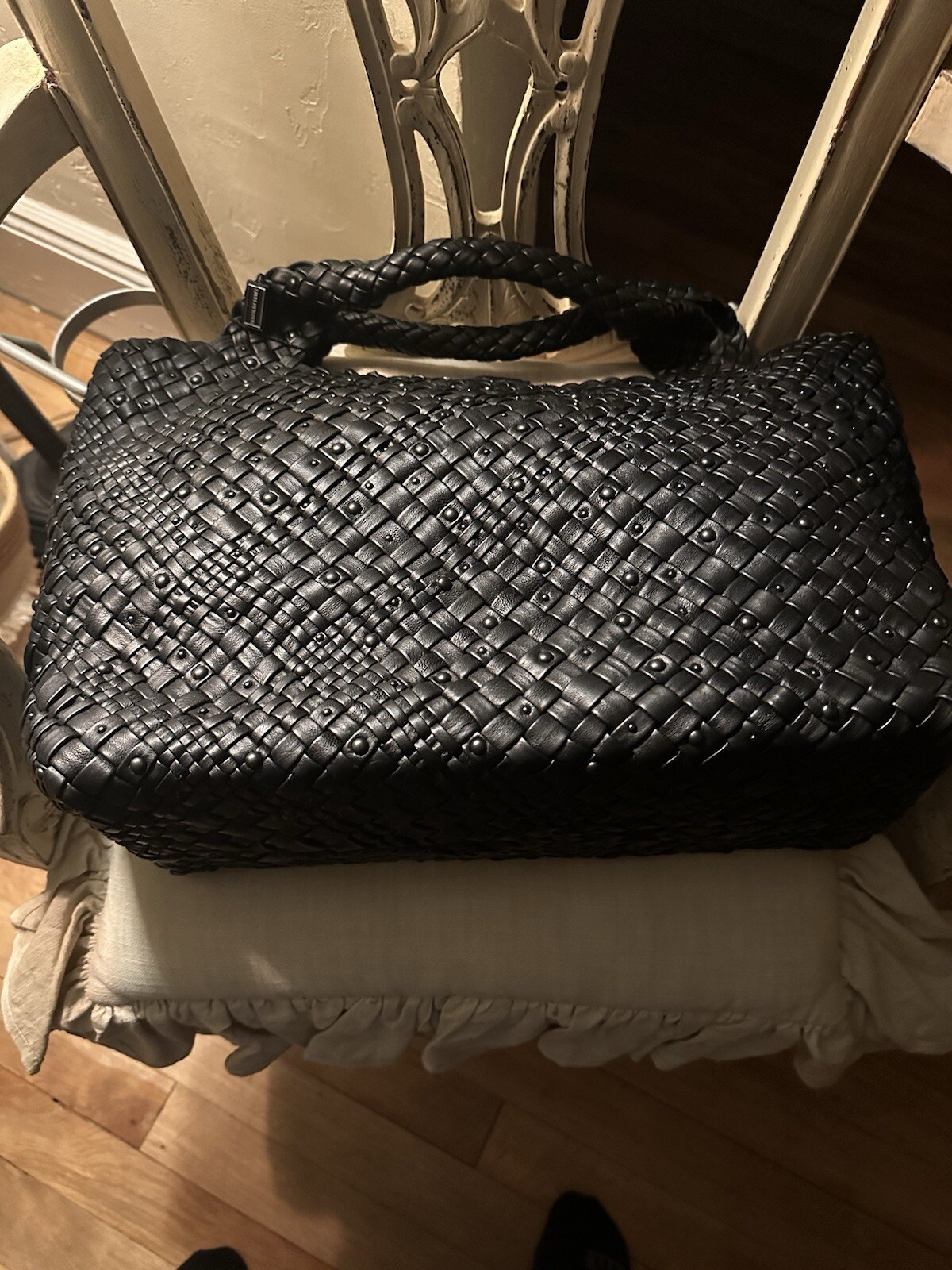 Rare FALOR Firenze Black Studded Woven Leather Large Tote Bag NWT RARE Must C