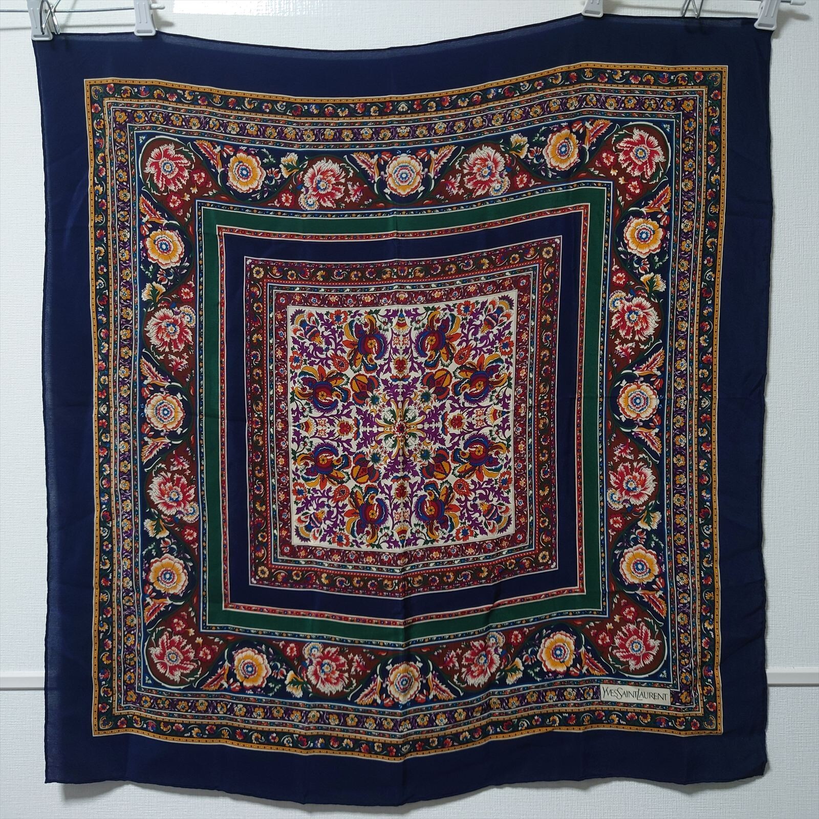 Yves Saint Laurent scarf 82cm 31″ square silk paisley navy