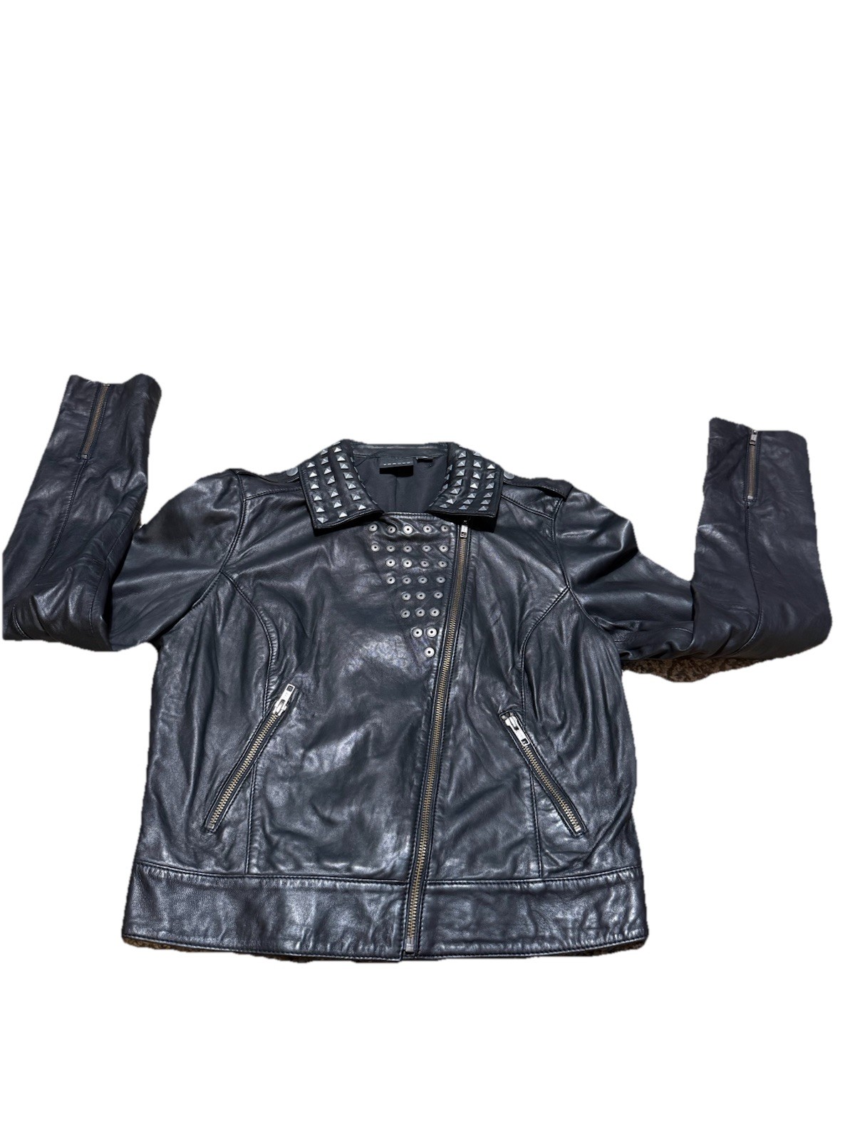 Trouvé black leather jacket women’s studded moto biker jacket size large