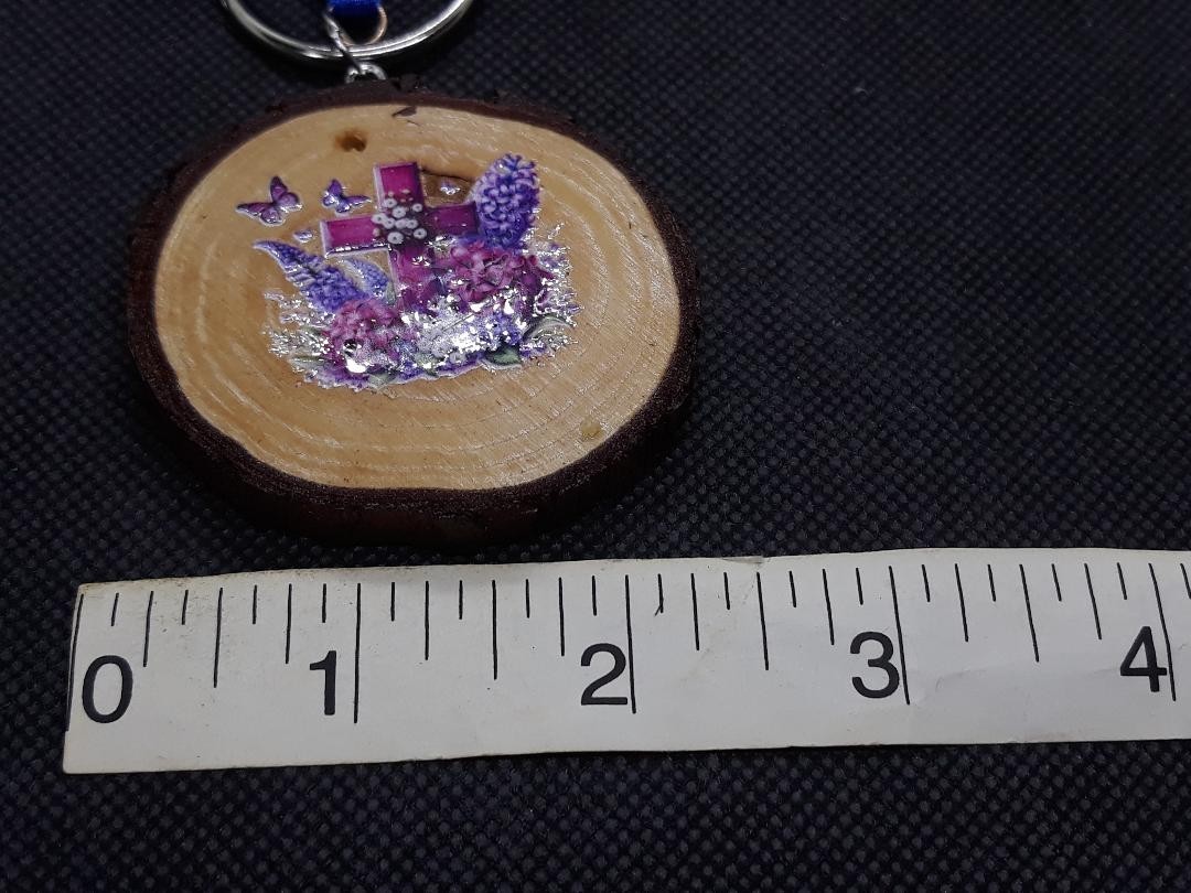 Beautiful Handmade Purple Flowers & Butterfly Wood Round Keychain Tag