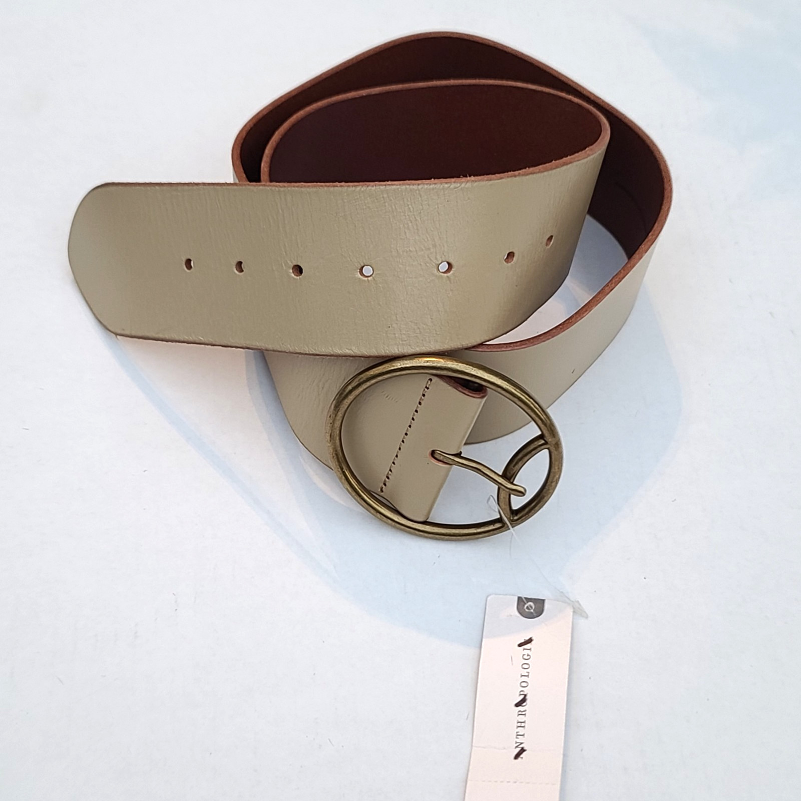 Anthropologie Wide Leather Belt w Round Brass Tone Buckle M/L Beige 2.25″W NWT