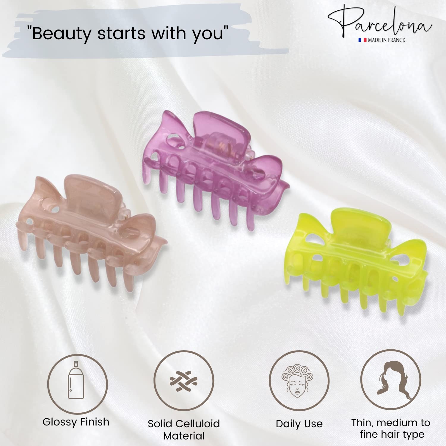 Parcelona French Classic 1.5″ Small Celluloid Set of 3 Hair Claws for Women