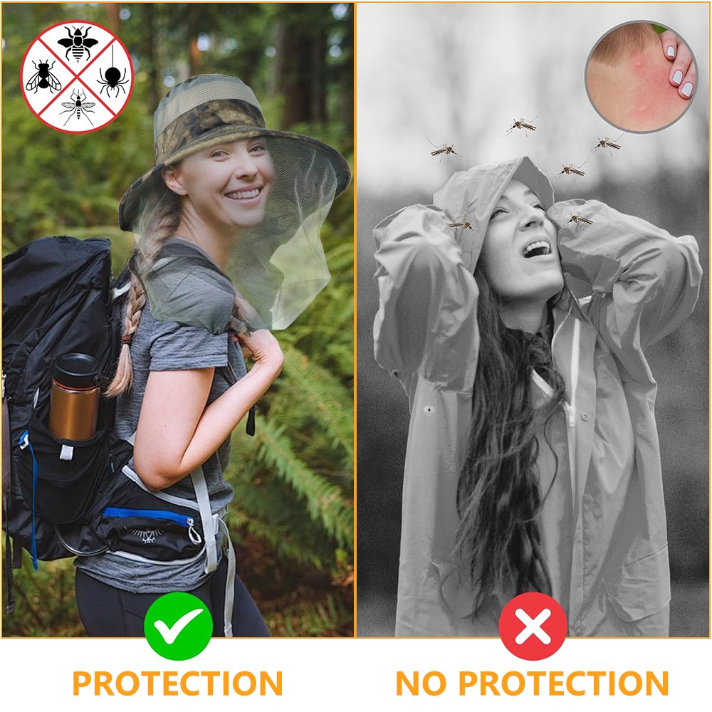 Outdoor Mosquito Sun Hat with Head Net & Neck Flap Wide Brim Cap UV Protection