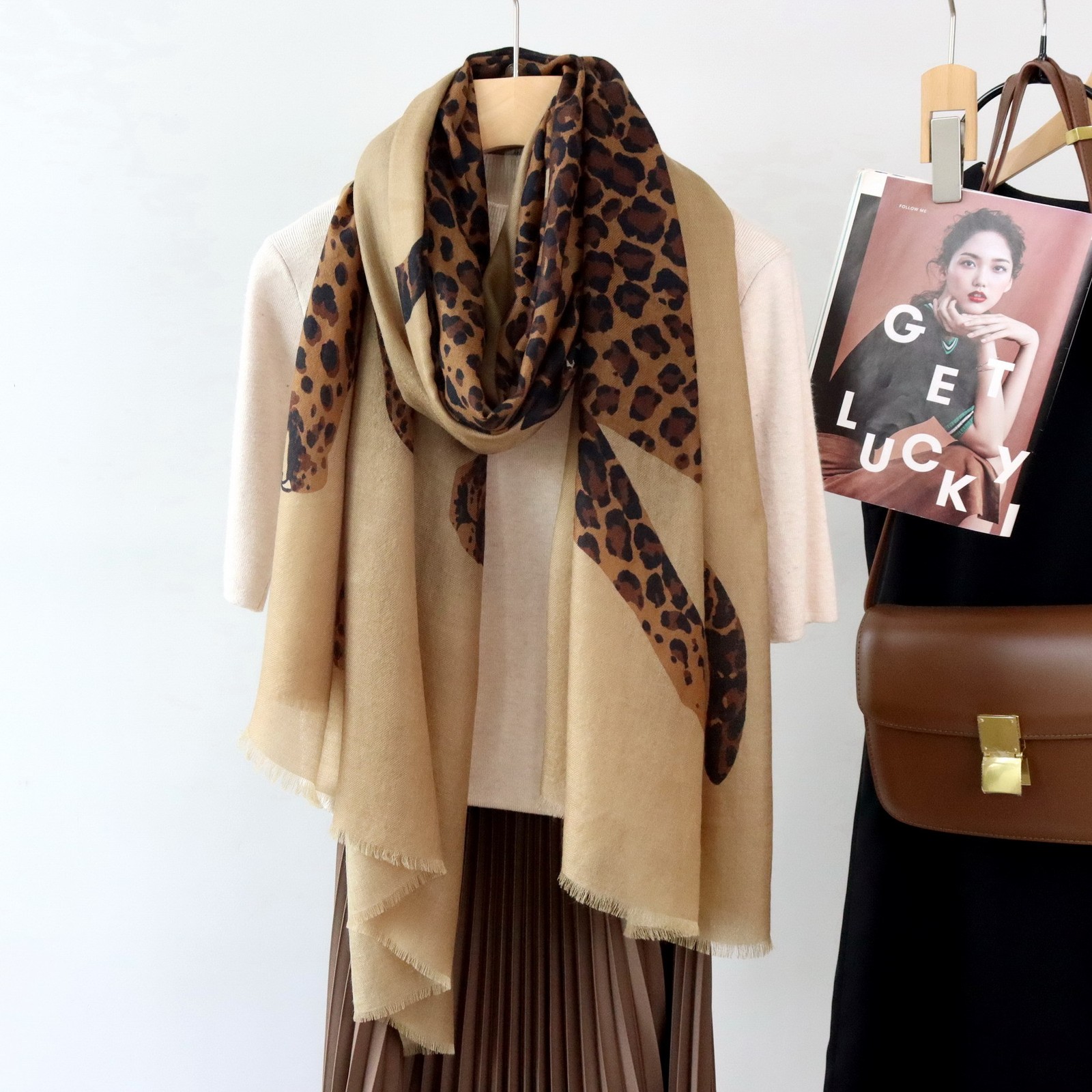 100% wool black & khaki cheetah print scarf fashion women’s shawl 200cm * 100cm