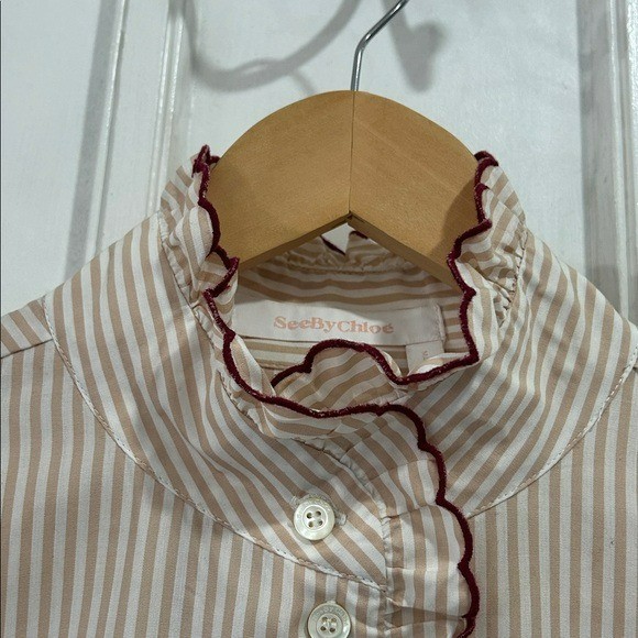 See by Chloe Beige Striped Cotton Ruffled Trim Button Up Blouse Top – 40