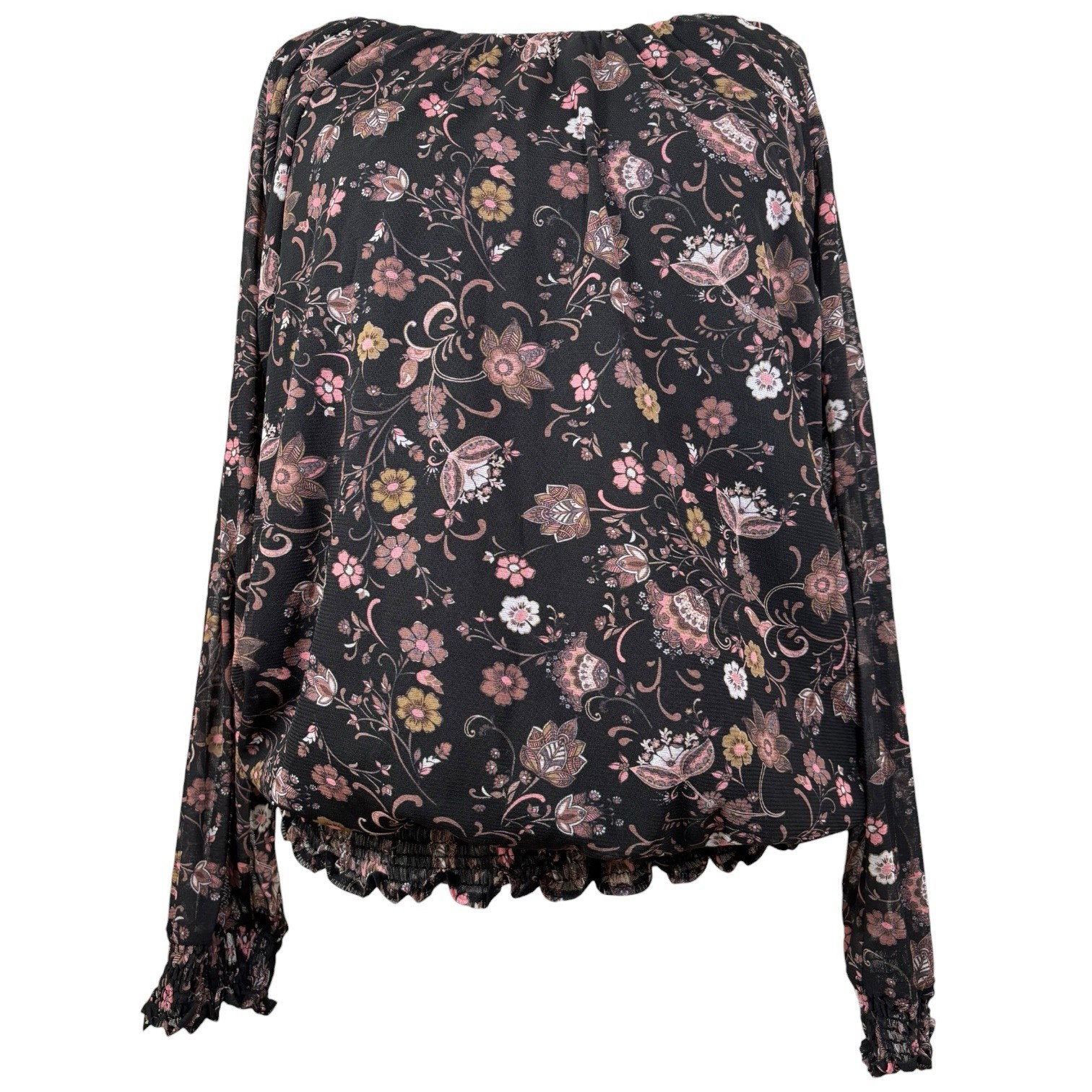 Joe Browns Sheer Floral Blouse Top Size 24 Black Long Sleeve Elastic Hem