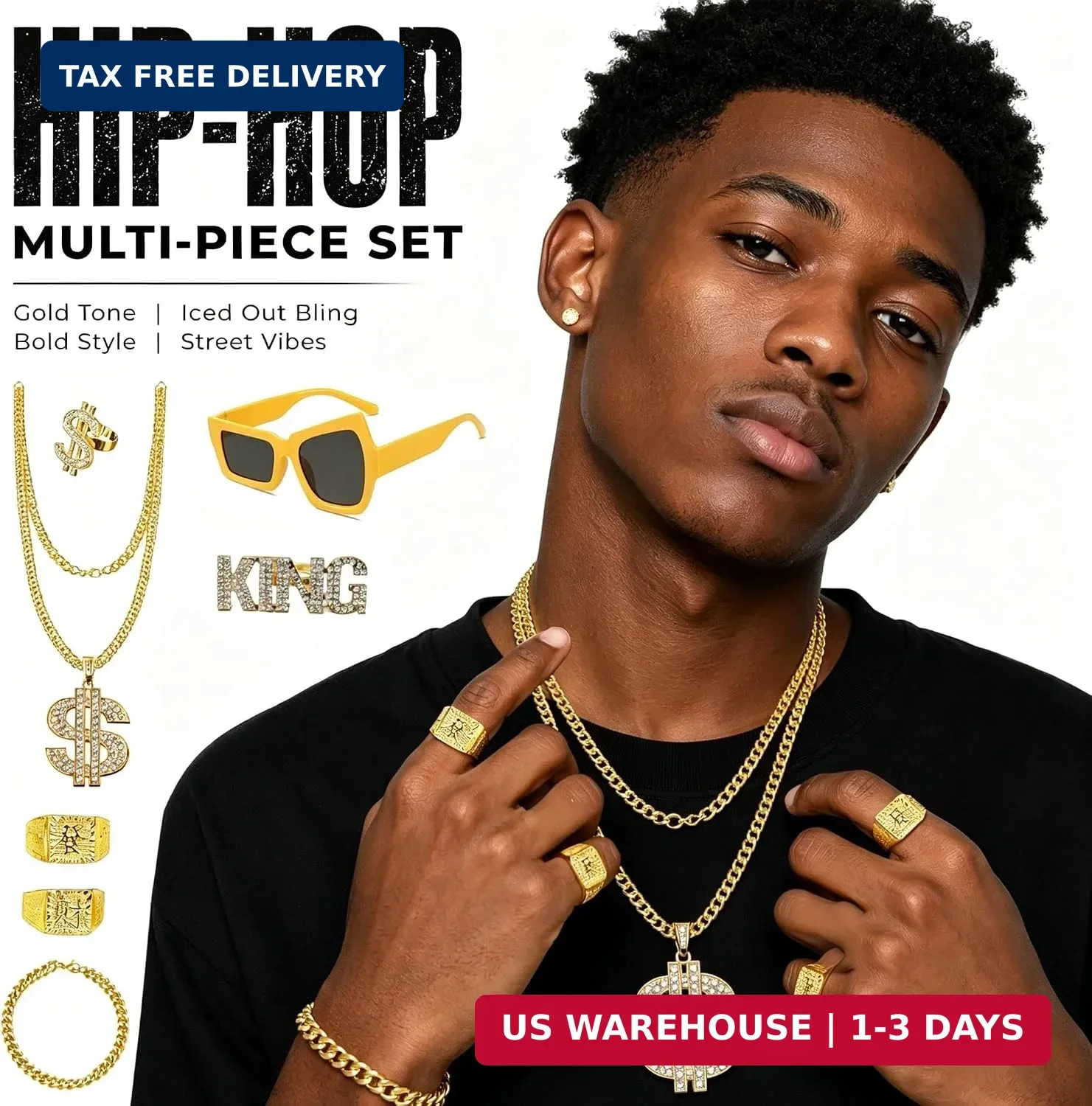 ZhengYuFa 8 Pieces 90s 20s Rapper Accessories Fake Gold Chain，Dollar Ring Neckla