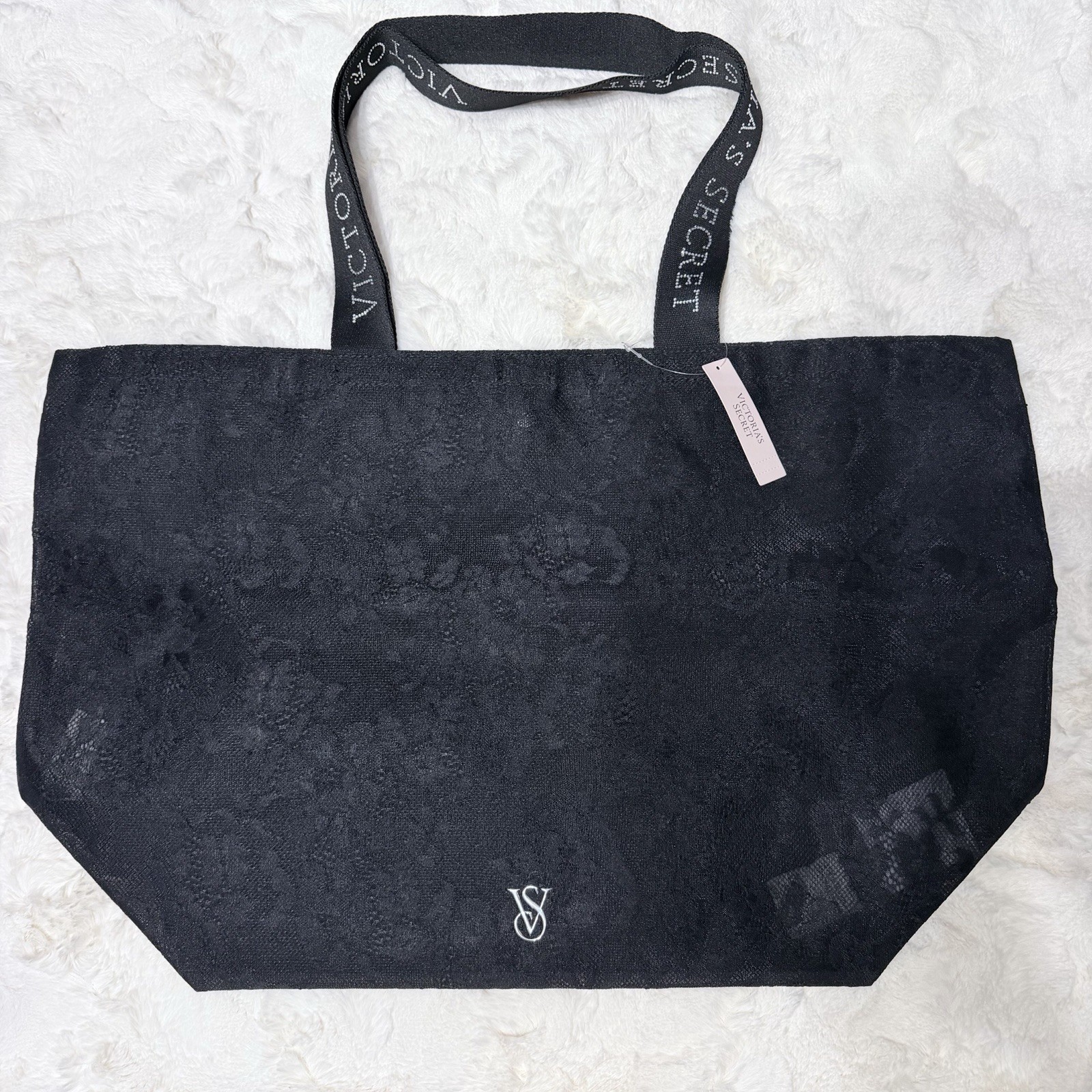Victoria’s Secret Black Floral Lace Tote Bag Diamanté Logo Strap Glitter NWT