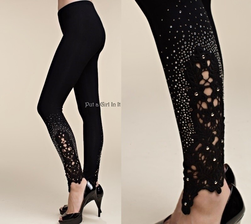 New VOCAL Womens CRYSTAL CROCHETED LACE BLACK STRETCH LEGGINGS S M L XL 1X 2X 3X