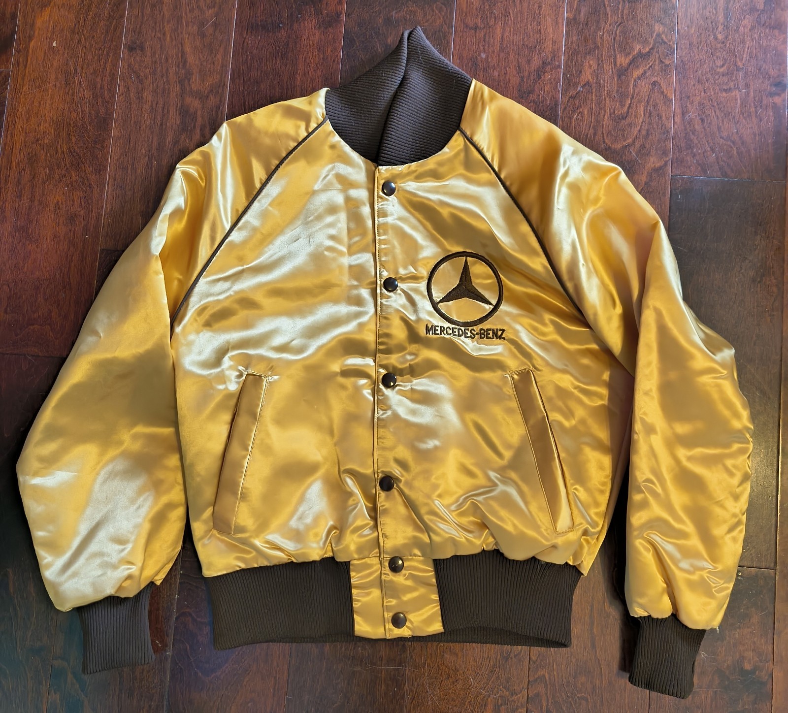 Vintage 1980s Mercedes-Benz Satin Bomber Jacket Gold F1 Racing Made in USA Small