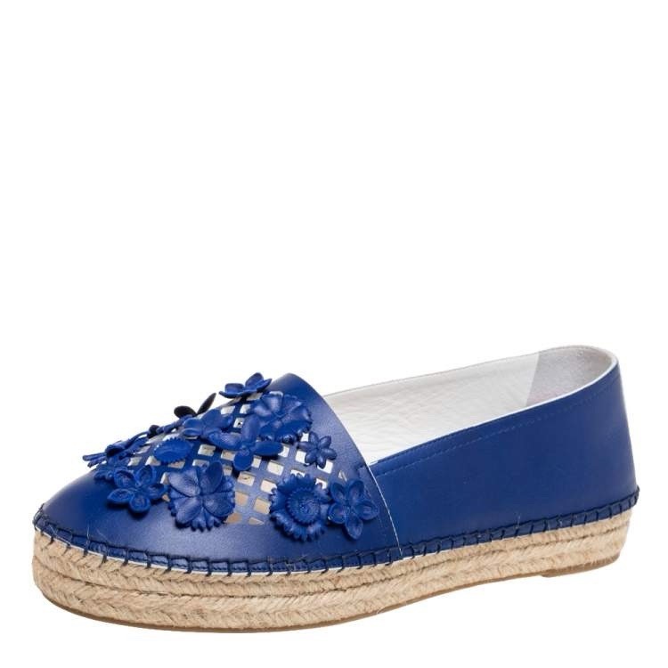 Dior Royal Blue Leather Cut-Out Flower Applique Flat Espadrilles Size 37/5