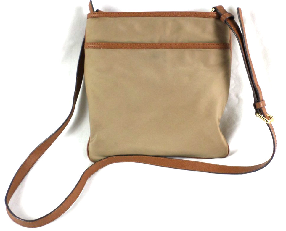 Michael Kors Kempton Brown Nylon Leather Trim Thin Crossbody Shoulder Bag MINT