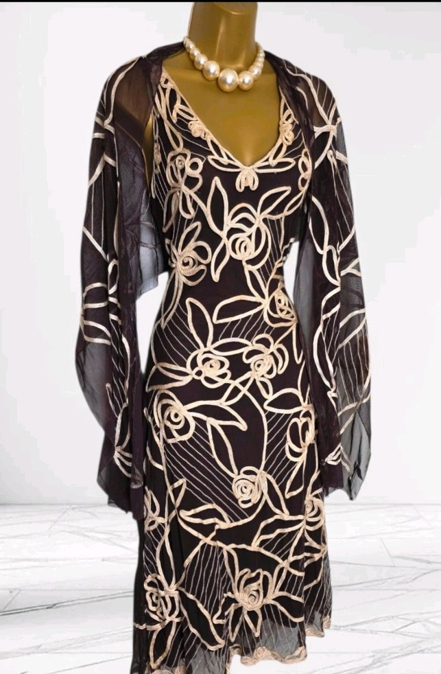 Phase Eight Brown & Cream Tapework Embroidered Occasion Dress + Shawl Size 12