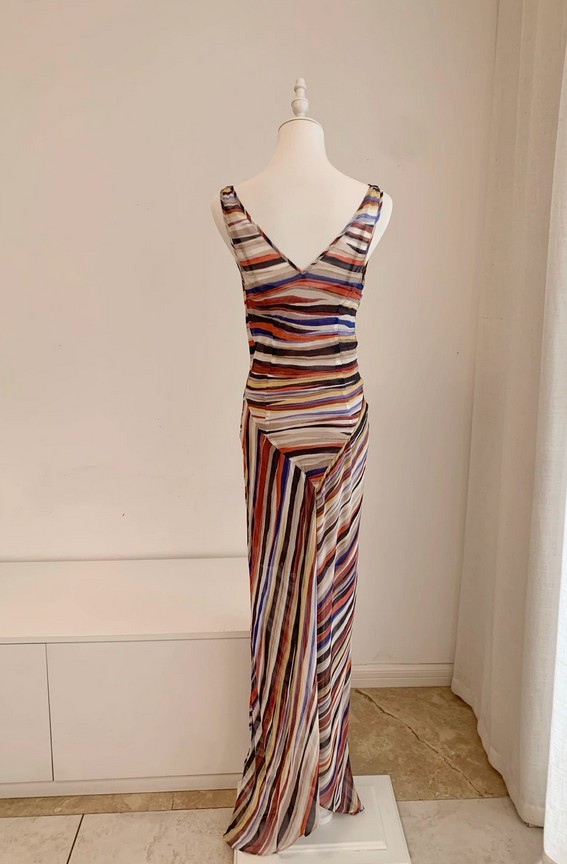 NEW 100% Mulberry Silk Striped Maxi Dress Women’s V Neck Asymmetrical Sundress