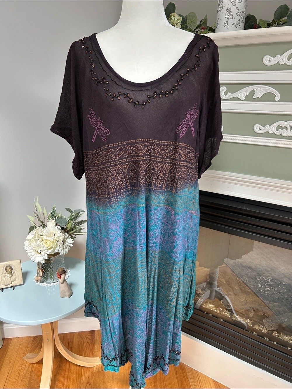 Greater Good Boho Midi Dress with Beaded Neckline in Brown and Teal
