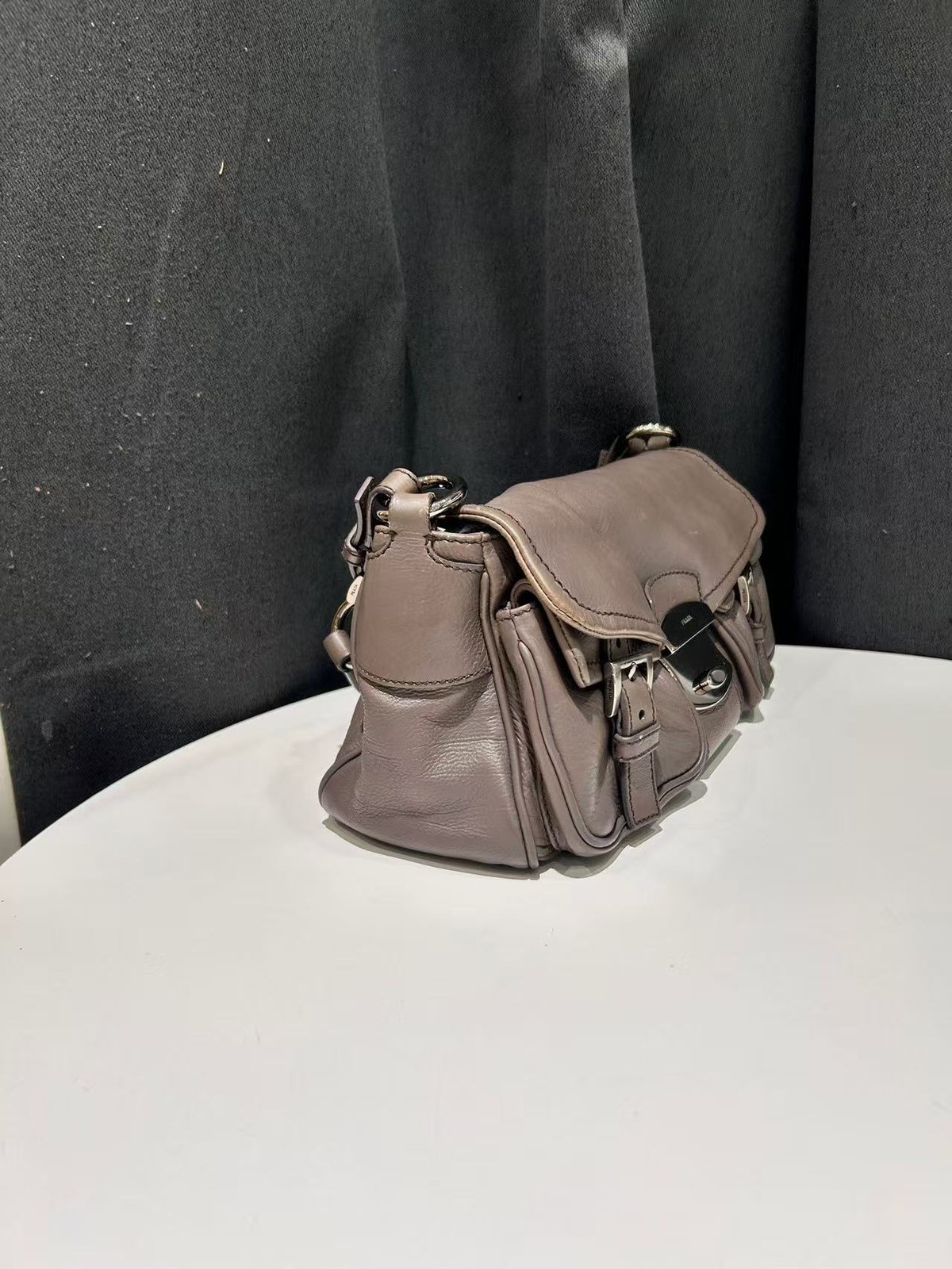 Authentic Prada Black Calf Leather Double Pocket Shoulder Bag Italy
