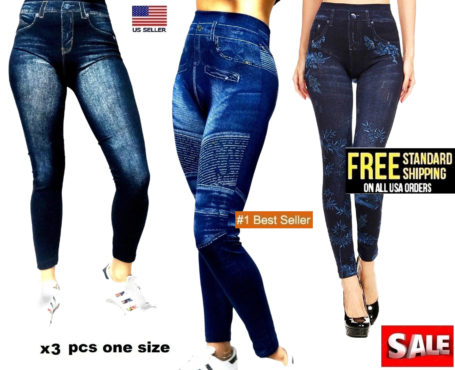 Classic Denim Jean Look Womens High Waisted Soft Leggings-one size Fits M/L