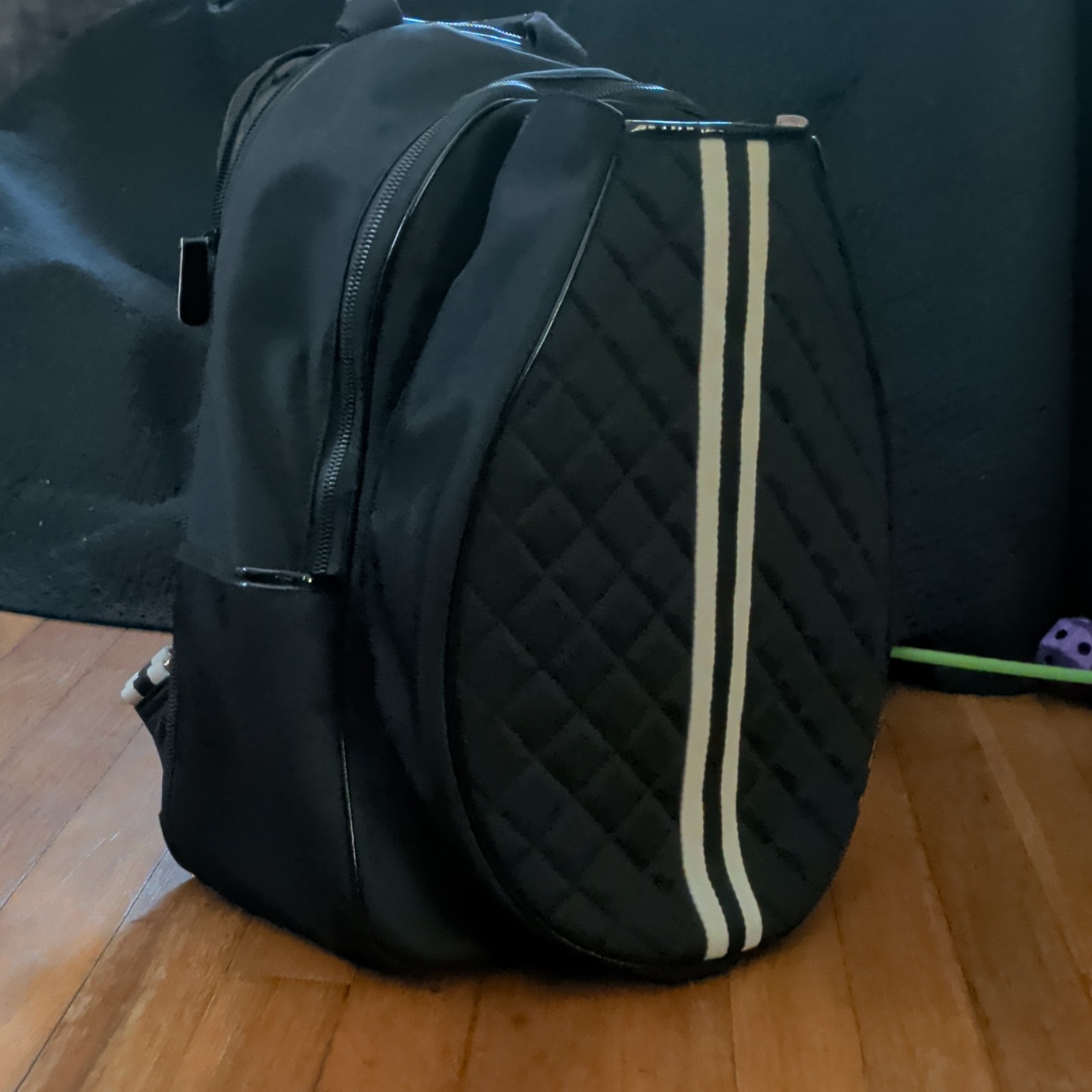 trelle & co. Quilted Black Backpack White Stripes Zip Beige Lining Pockets